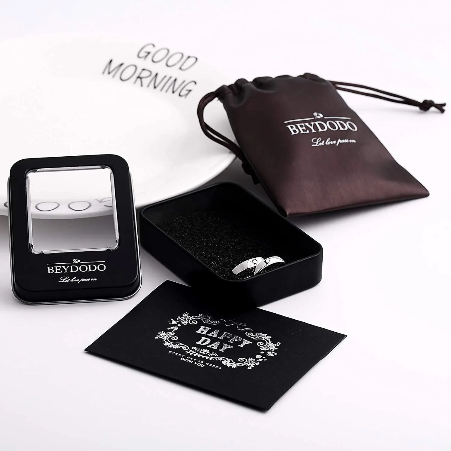 Beydodo 925 Silver Rings Custom Adjustable Sun and Moon Matching Rings Engraved I Love You Couples Rings Wedding