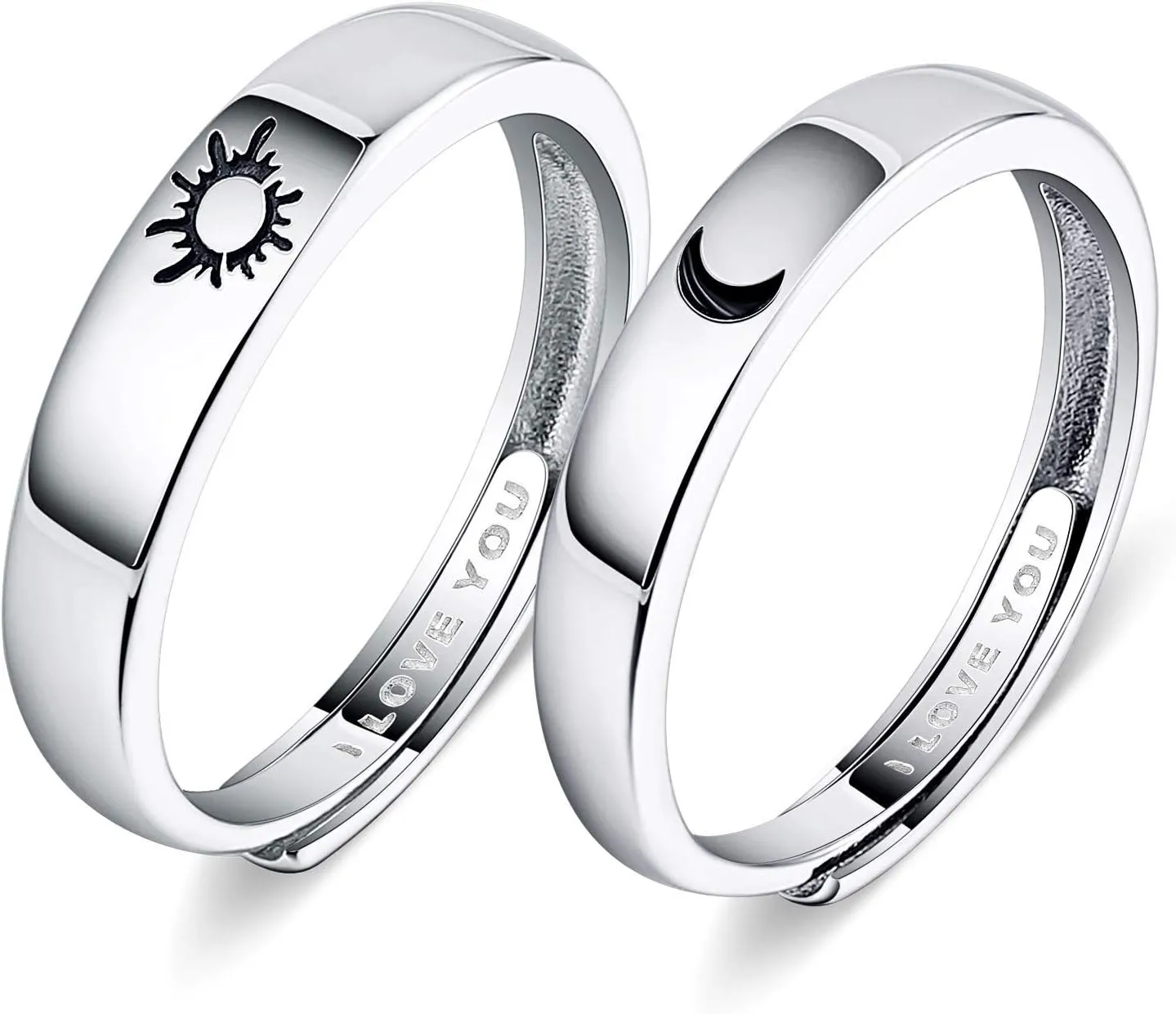 Beydodo 925 Silver Rings Custom Adjustable Sun and Moon Matching Rings Engraved I Love You Couples Rings Wedding