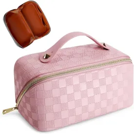 Cessfle Travel Makeup Bag, Checkered Makeup Bag Large Capacity Cosmetic Bag, Parallel Makeup Bag Large Makeup Bags for Women with Handle and Divider