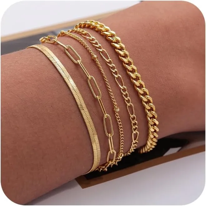 DEARMAY Gold Bracelets for Women Waterproof, 14K Real Gold Jewelry Sets Trendy Thin Dainty Stackable Cuban Link Paperclip Chain Bracelet Pack Fashion Accessories Gifts for Womens
