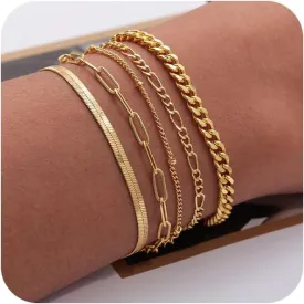 DEARMAY Gold Bracelets for Women Waterproof, 14K Real Gold Jewelry Sets Trendy Thin Dainty Stackable Cuban Link Paperclip Chain Bracelet Pack Fashion Accessories Gifts for Womens