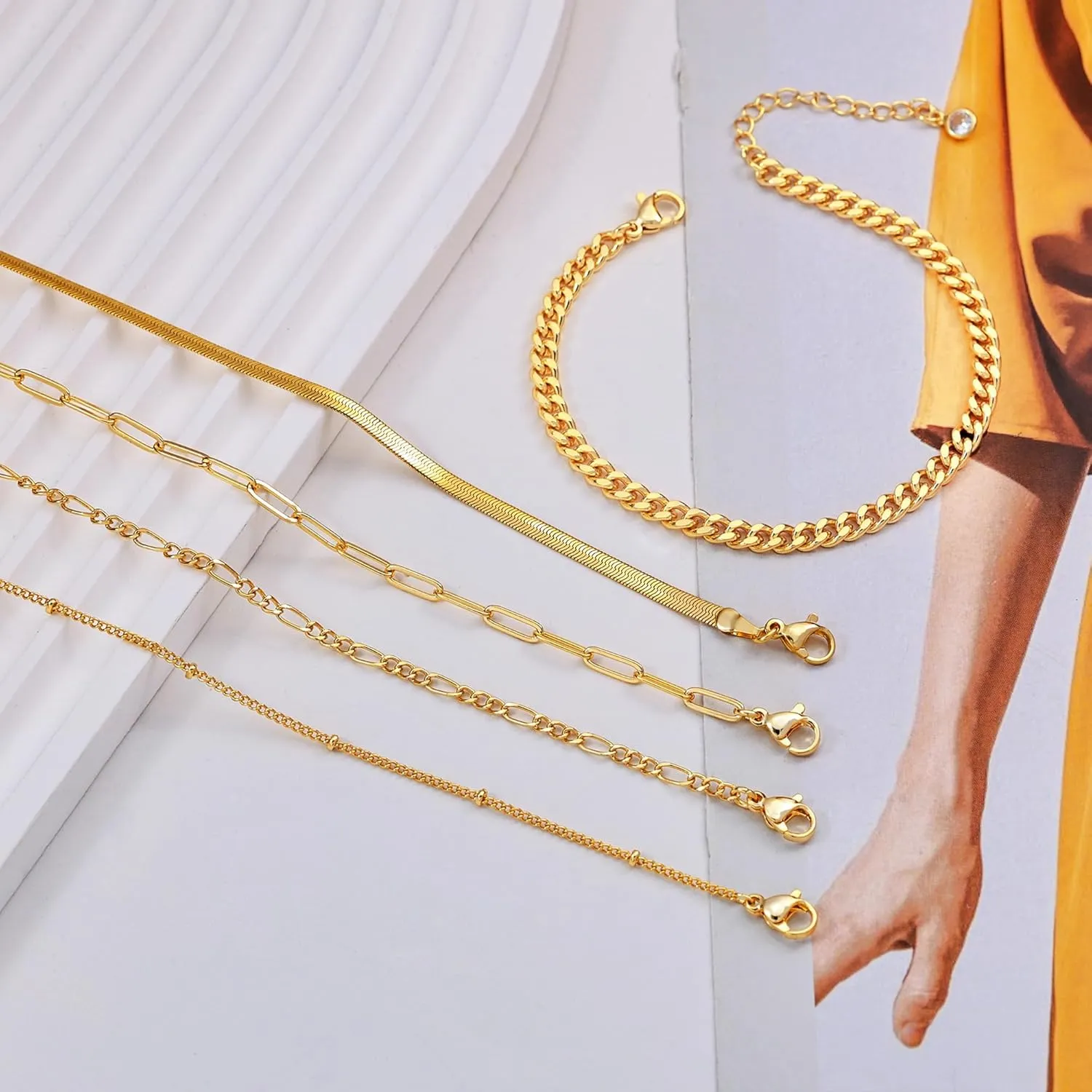 DEARMAY Gold Bracelets for Women Waterproof, 14K Real Gold Jewelry Sets Trendy Thin Dainty Stackable Cuban Link Paperclip Chain Bracelet Pack Fashion Accessories Gifts for Womens