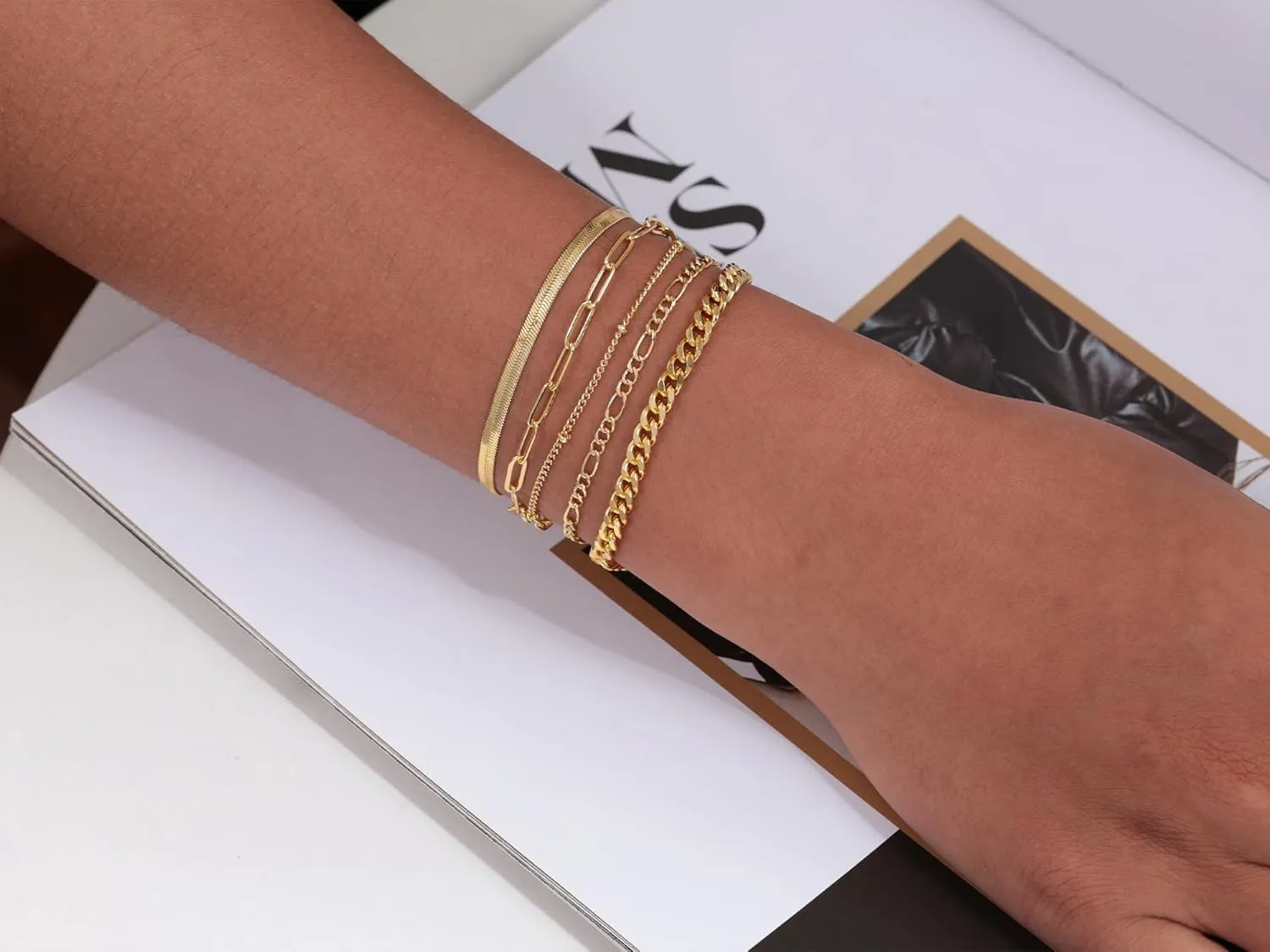 DEARMAY Gold Bracelets for Women Waterproof, 14K Real Gold Jewelry Sets Trendy Thin Dainty Stackable Cuban Link Paperclip Chain Bracelet Pack Fashion Accessories Gifts for Womens