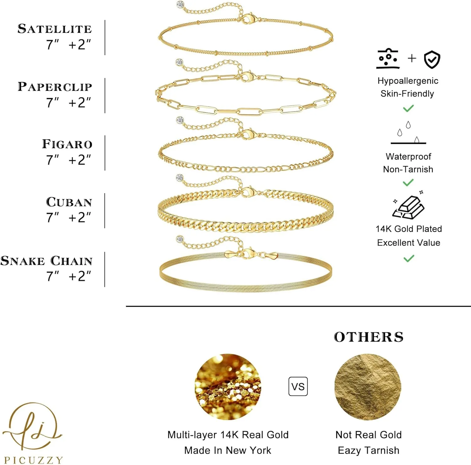 DEARMAY Gold Bracelets for Women Waterproof, 14K Real Gold Jewelry Sets Trendy Thin Dainty Stackable Cuban Link Paperclip Chain Bracelet Pack Fashion Accessories Gifts for Womens