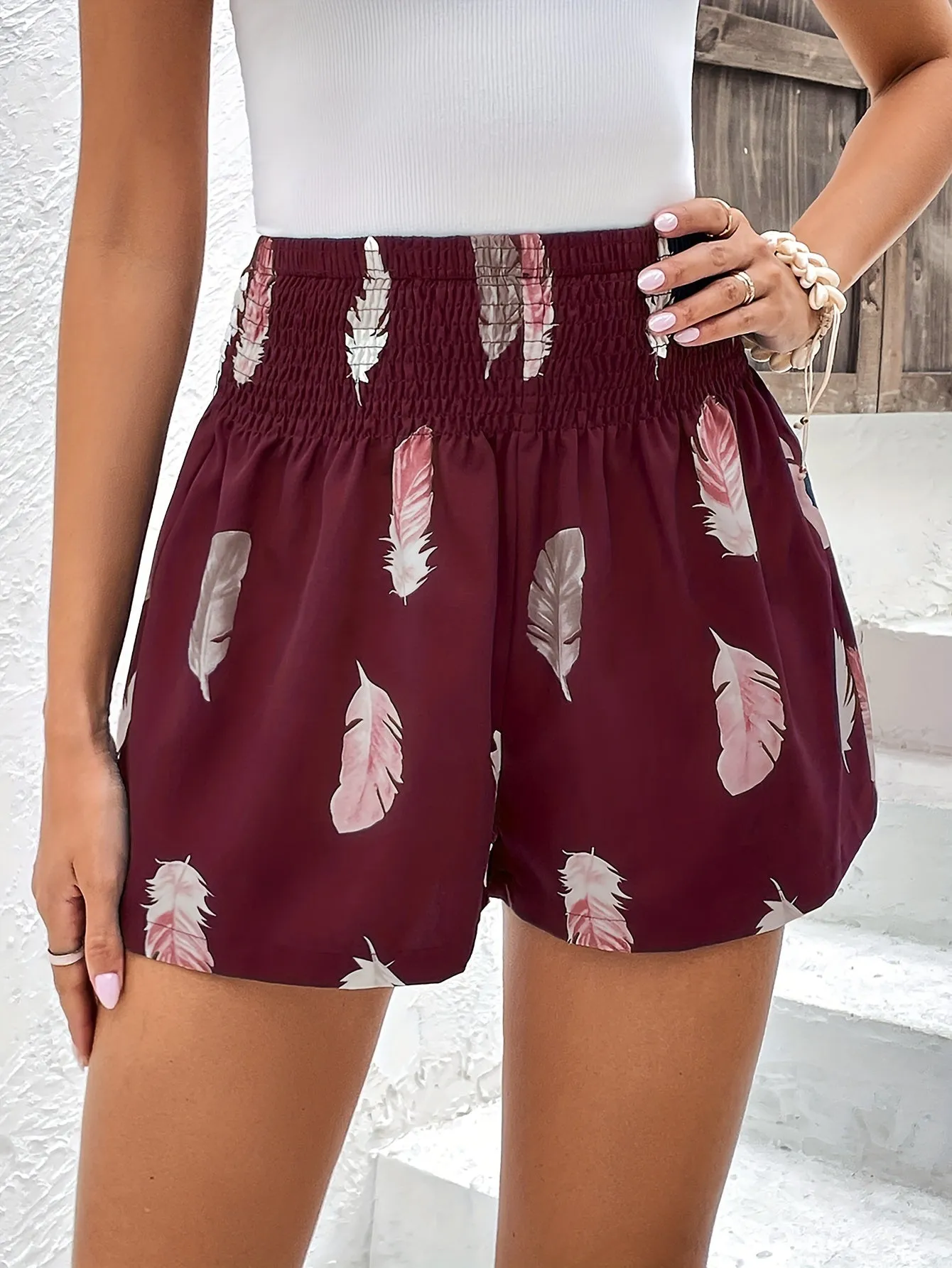 Feather Print Smocked Waist Shorts Chic Casual SpringSummer Style