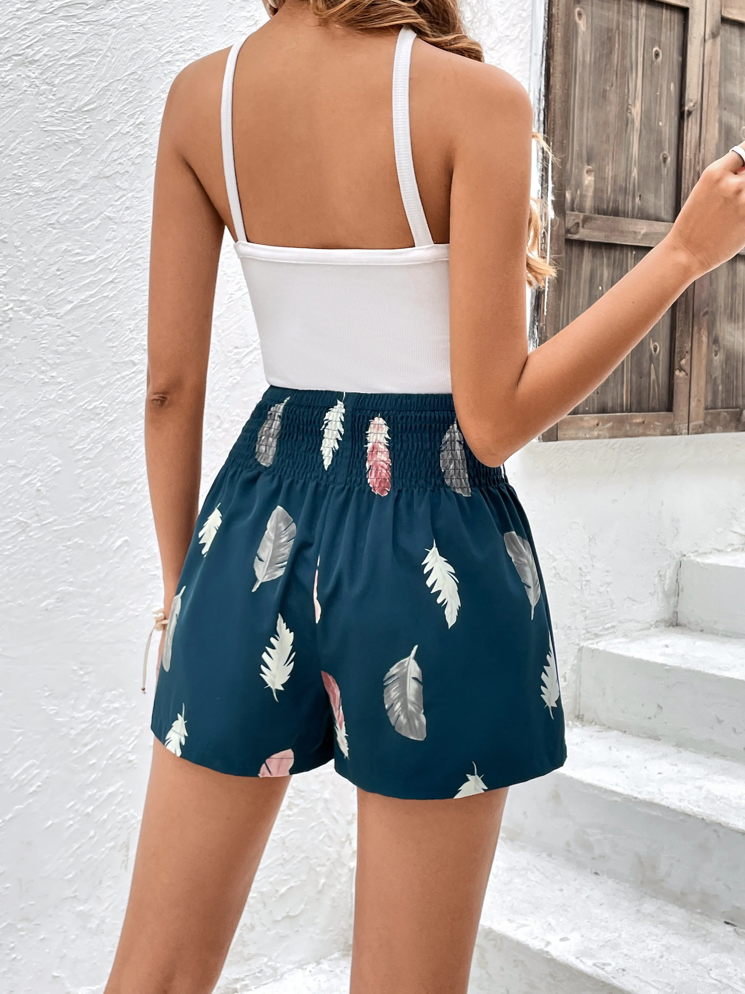 Feather Print Smocked Waist Shorts Chic Casual SpringSummer Style