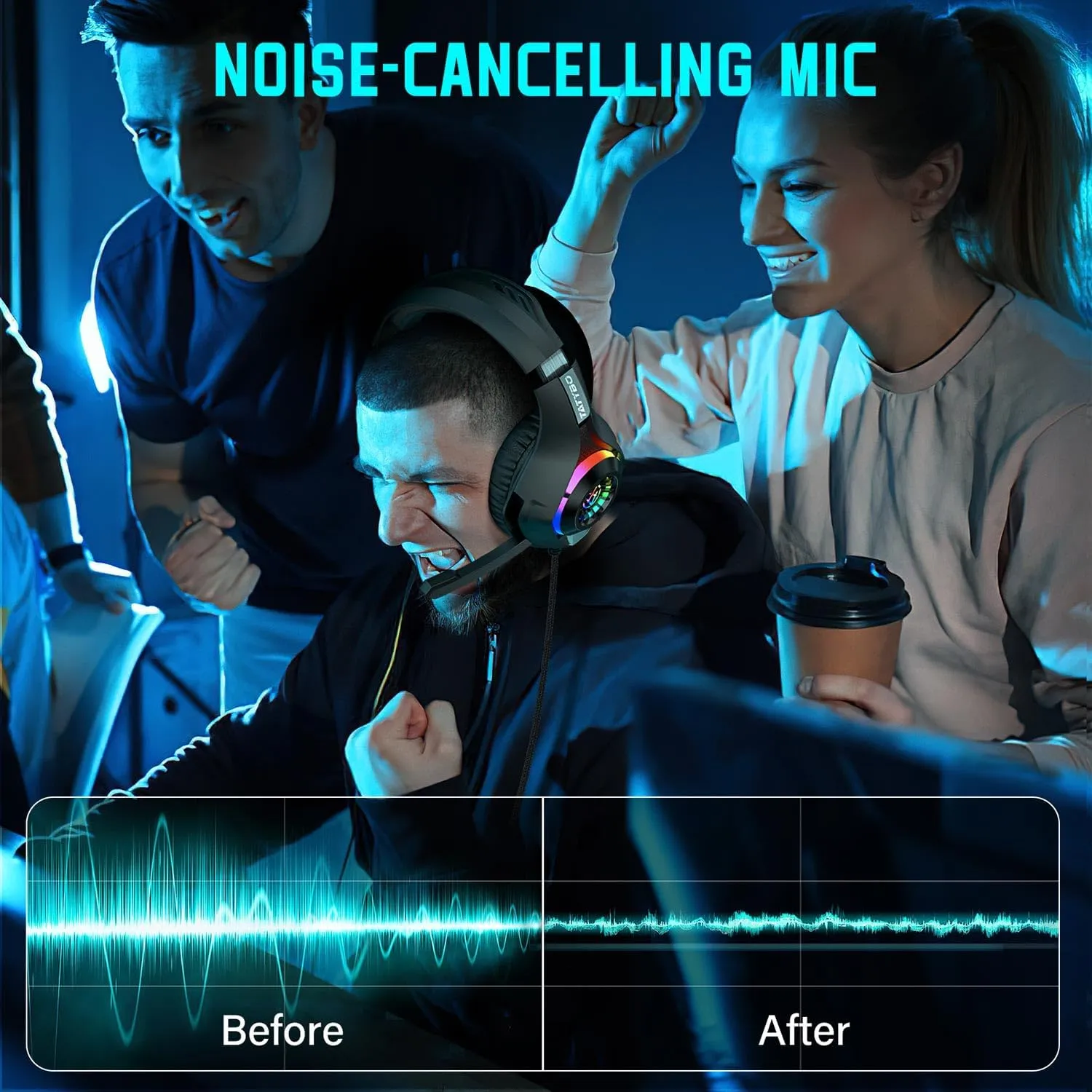 Gaming Headset for PS4 PS5 Xbox One PC, Over-Ear Gaming Headphones with Surround Sound, Noise Canceling Mic, RGB Light