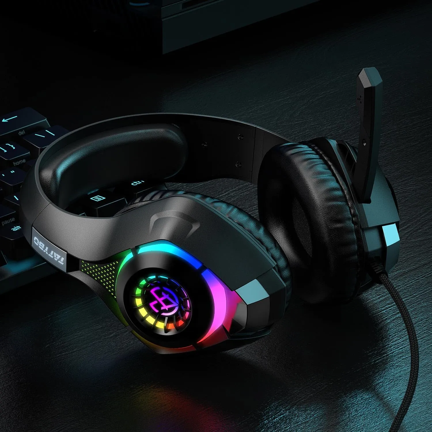 Gaming Headset for PS4 PS5 Xbox One PC, Over-Ear Gaming Headphones with Surround Sound, Noise Canceling Mic, RGB Light