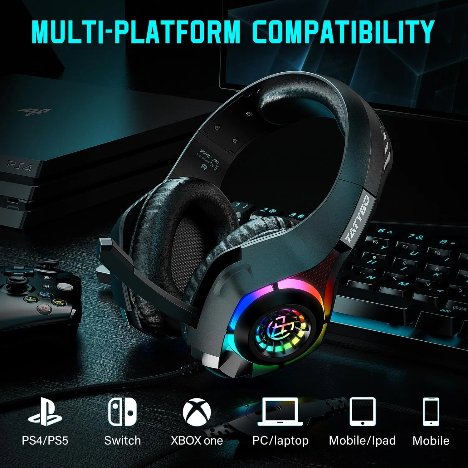 Gaming Headset for PS4 PS5 Xbox One PC, Over-Ear Gaming Headphones with Surround Sound, Noise Canceling Mic, RGB Light