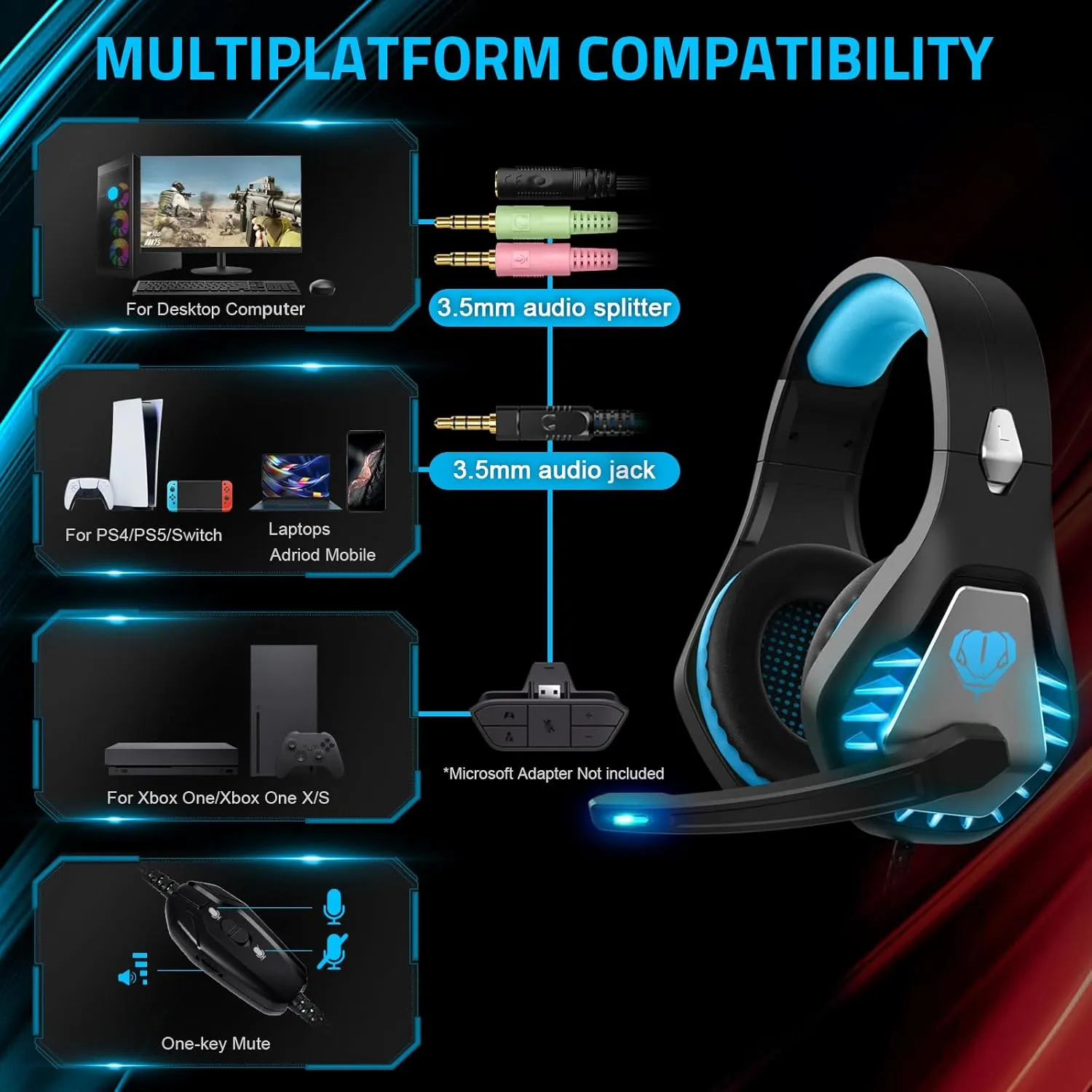 Gaming Headset with Microphone for PC, PS4, PS5, Headset Noise Cancelling Gaming Headphones for Switch, Laptop, Mac, Xbox Series X/S, Headphones with LED Lights, Deep Bass for Kids Adults, Black Blue