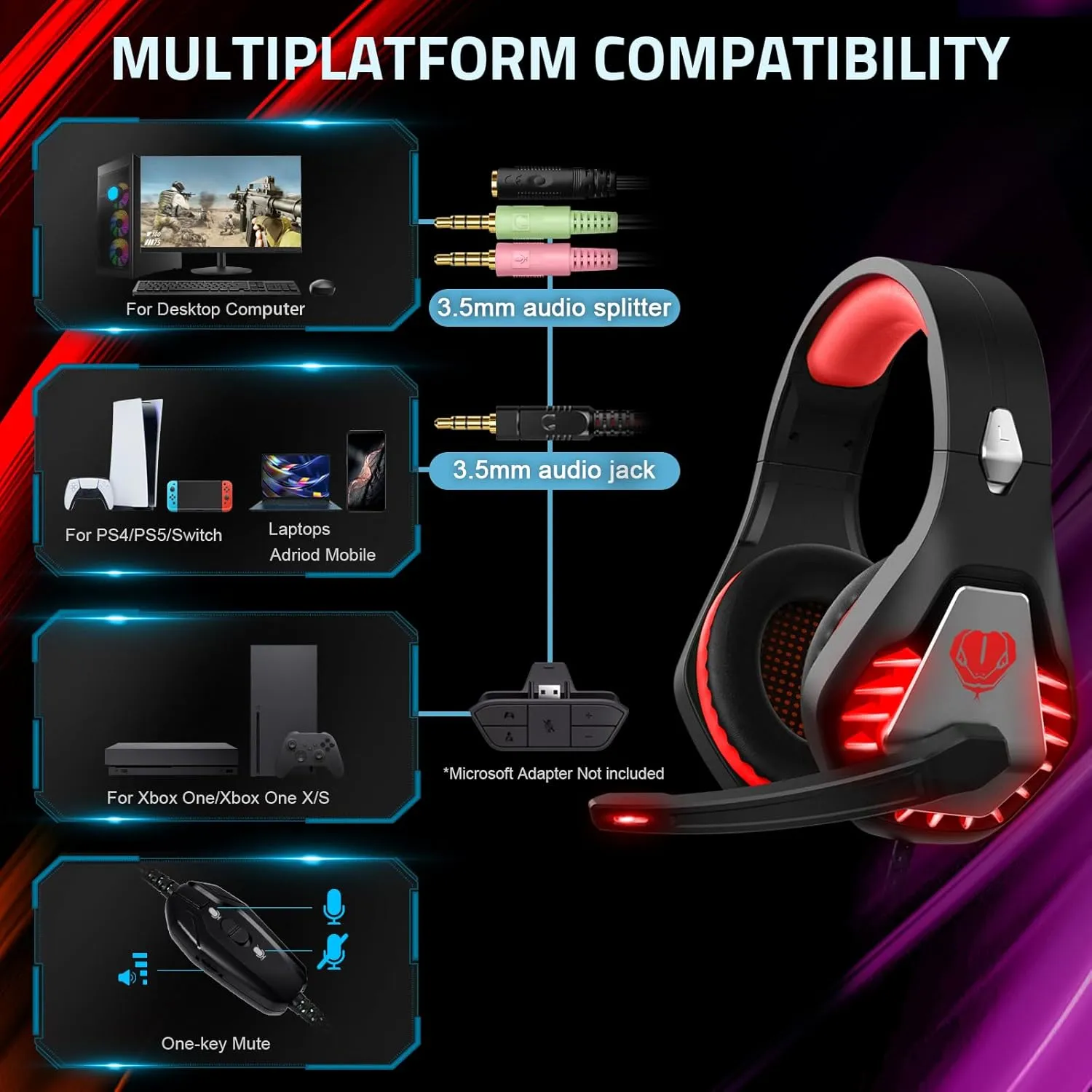 Gaming Headset with Microphone for PC, PS4, PS5, Headset Noise Cancelling Gaming Headphones for Switch, Laptop, Mac, Xbox Series X/S, Headphones with LED Lights, Deep Bass for Kids Adults, Deep Red