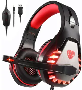 Gaming Headset with Microphone for PC, PS4, PS5, Headset Noise Cancelling Gaming Headphones for Switch, Laptop, Mac, Xbox Series X/S, Headphones with LED Lights, Deep Bass for Kids Adults, Deep Red