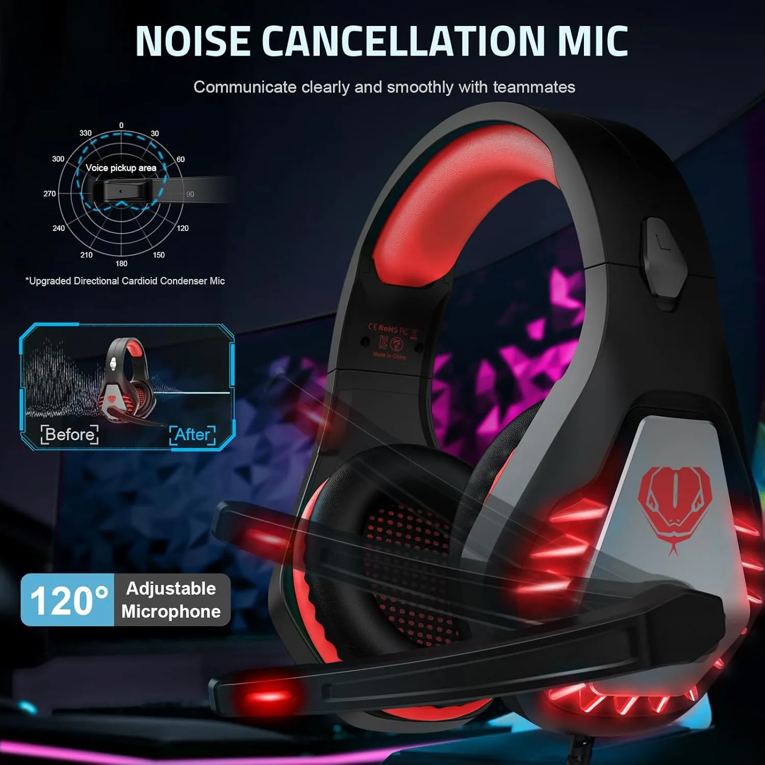 Gaming Headset with Microphone for PC, PS4, PS5, Headset Noise Cancelling Gaming Headphones for Switch, Laptop, Mac, Xbox Series X/S, Headphones with LED Lights, Deep Bass for Kids Adults, Deep Red