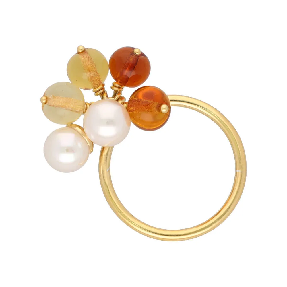 Sterling Silver Gold Plated Ring for Women with Organic Pearl, 6mm Round White Pearl, Algaida Collection