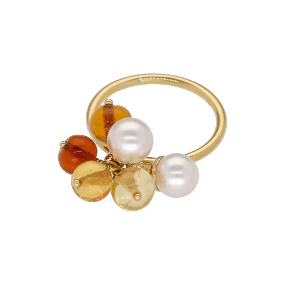 Sterling Silver Gold Plated Ring for Women with Organic Pearl, 6mm Round White Pearl, Algaida Collection