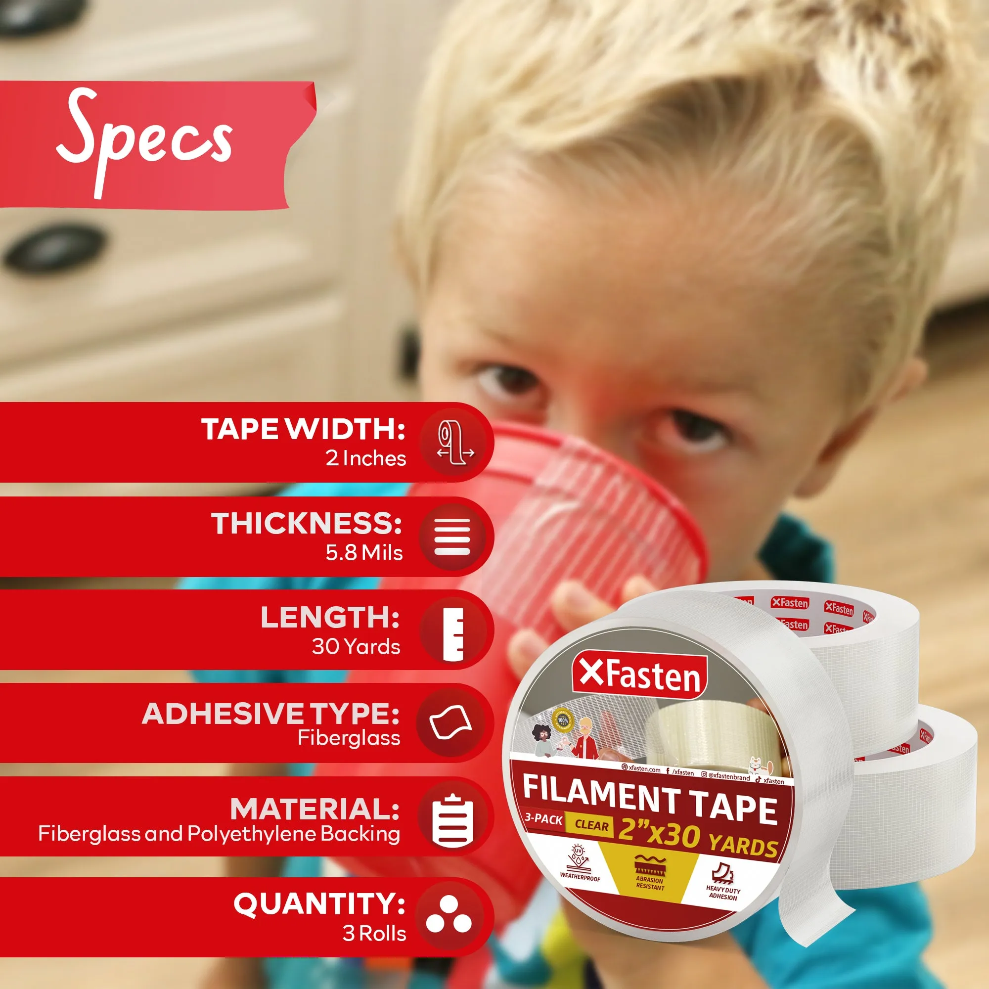 XFasten Duct Tape, Transparent, 2 Inches x 30 Yards (3-Pack)